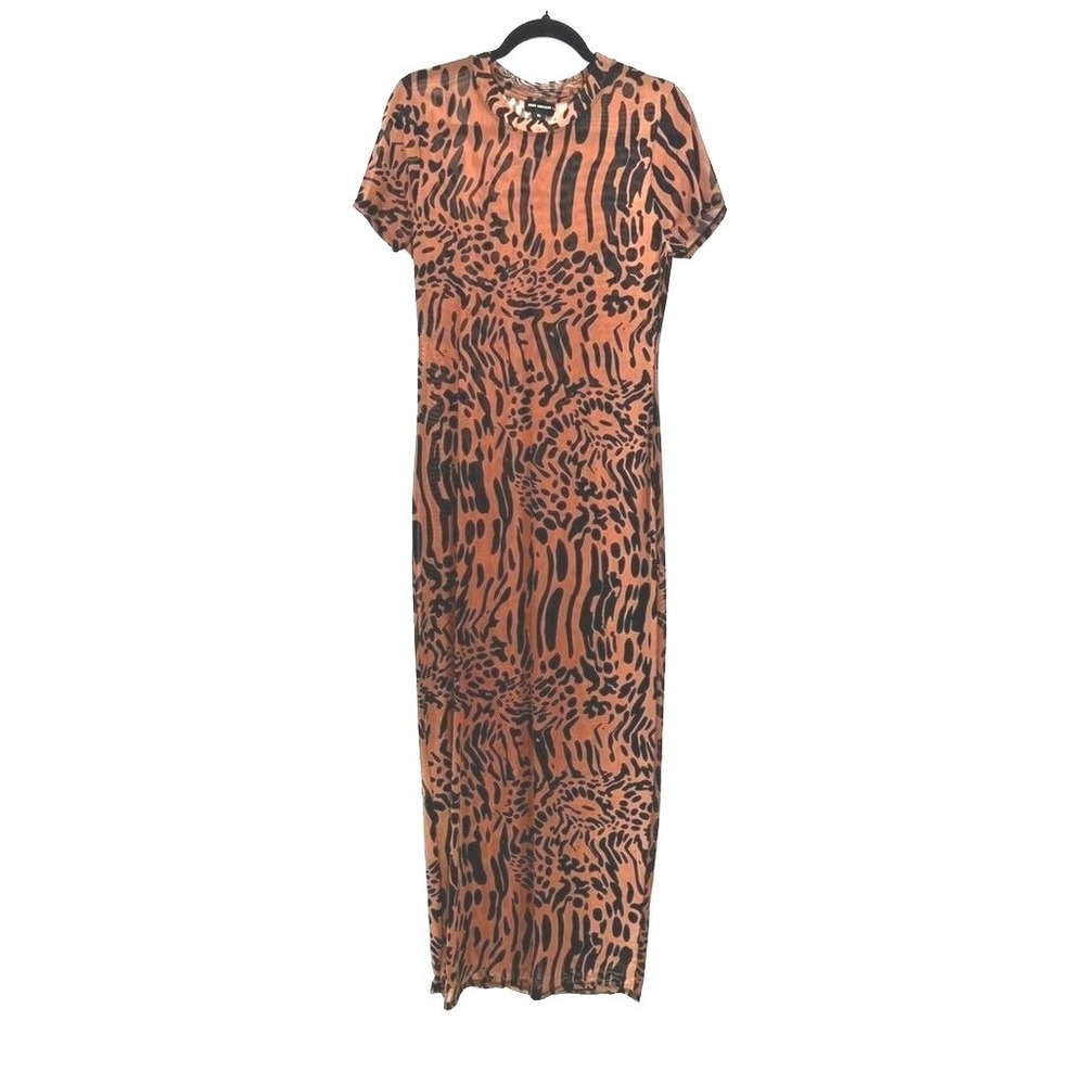 Good American Brown Black Animal Print Mesh Short Sleeve Maxi Dress XL